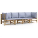 vidaXL 4-dielna záhradná sedacia súprava bledosivé vankúše bambus – Obrázok 2