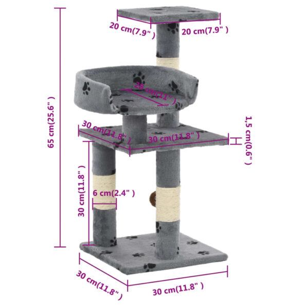 vidaXL Škrabadlo pre mačky so sisalovými stĺpikmi 65 cm sivé s potlačou labiek – Obrázok 6