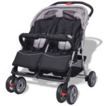 Oceľový kočík pre dvojičky vidaXL, čierny a šedý – Obrázok 4