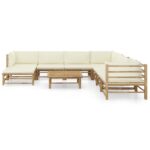 vidaXL 9-dielna záhradná sedacia súprava, krémové podložky, bambus – Obrázok 2