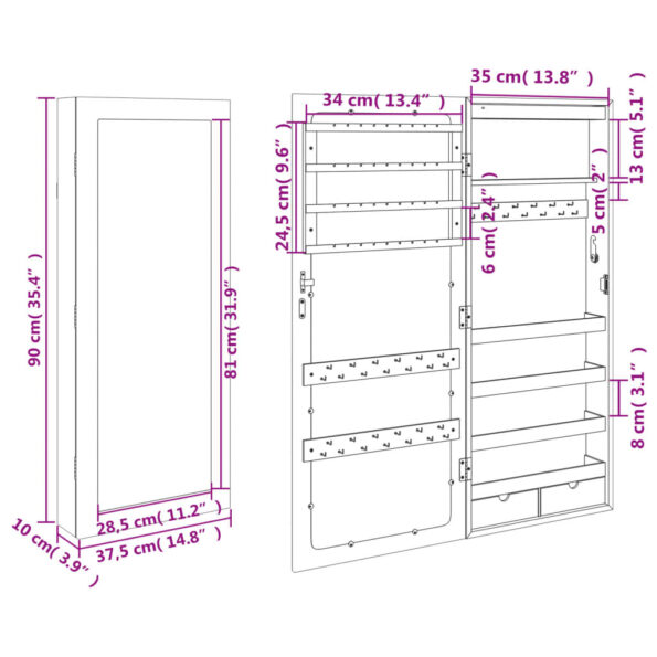 vidaXL Zrkadlová skrinka na šperky s LED svetlami nástenná čierna – Obrázok 12