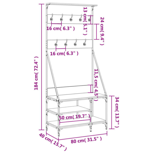 vidaXL Vešiak na šaty s botníkom hnedý dub 80x40x184 cm – Obrázok 9