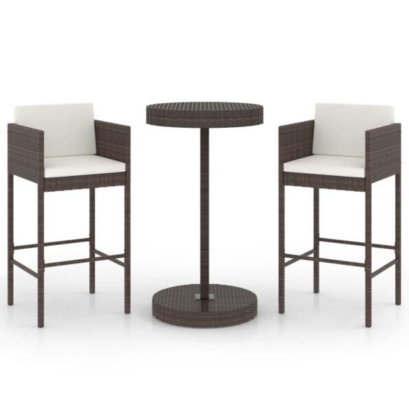 vidaXL 3-dielna záhradná barová súprava s vankúšmi polyratanová hnedá – Obrázok 2