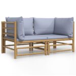 vidaXL Záhradné rohové pohovky s bledosivými podložkami 2 ks bambus – Obrázok 2