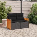 vidaXL Záhradná pohovka s vankúšmi 2-miestna čierna polyrattan – Obrázok 3