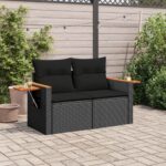 vidaXL Záhradná pohovka s vankúšmi 2-miestna čierna polyrattan – Obrázok 3