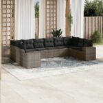 vidaXL 10-dielna záhradná sedacia súprava s vankúšmi polyratanová sivá