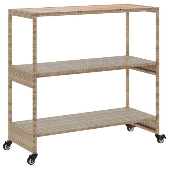 vidaXL Barový vozík, 3 police, béžový, polyratan a akáciový masív – Obrázok 7