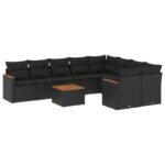vidaXL 10-dielna záhradná sedacia súprava s vankúšmi polyratan čierna – Obrázok 2