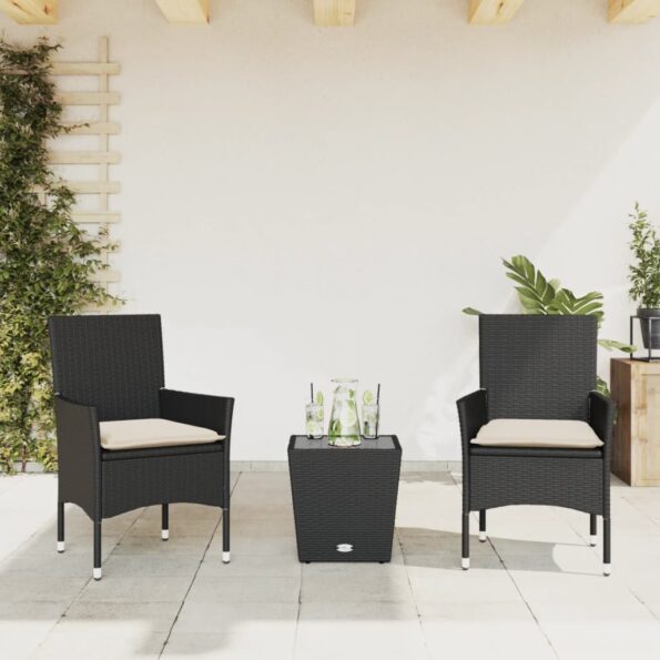 VXL8721102492297_m_en_hd_1.jpg vidaXL 3-dielna bistro súprava s vankúšmi čierna polyratan a sklo – Obrázok 1