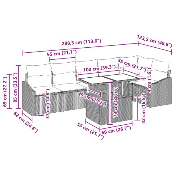 vidaXL 7-dielna záhradná sofa set s vankúšmi sivá poly ratan – Obrázok 11
