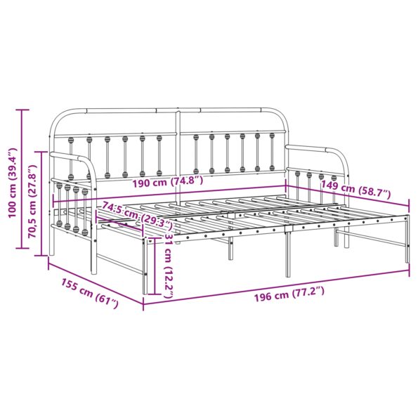 vidaXL Postelový rám s rozkladacím lôžkom Čierny 75x190 cm Oceľ – Obrázok 12