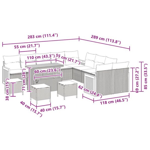 Súprava 14-dielneho záhradného gauča s vankúšmi sivá Polyratan Akácia, Súprava 4-dielneho záhradného jedálenského setu s vankúšmi sivá Polyratan Akácia – Obrázok 12