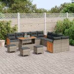 Súprava 14-dielneho záhradného gauča s vankúšmi sivá Polyratan Akácia, Súprava 4-dielneho záhradného jedálenského setu s vankúšmi sivá Polyratan Akácia – Obrázok 3