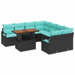 vidaXL Záhradný jedálenský set s vankúšom 9 pcs Čierna a Modrozelená – Obrázok 2