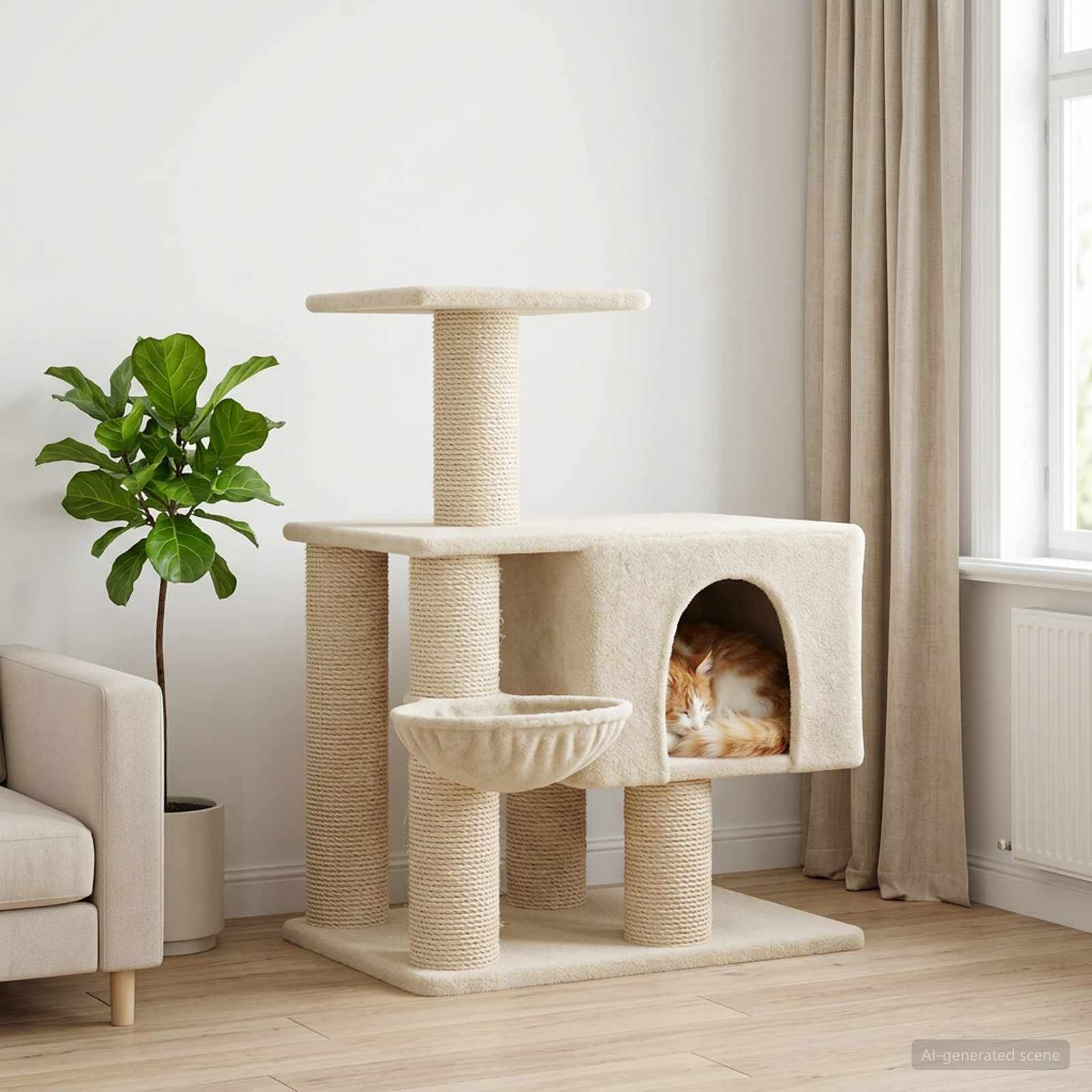 42033057_1.jpg vidaXL Mačací strom so škrabacími stĺpmi Krémová 96 cm – Obrázok 1