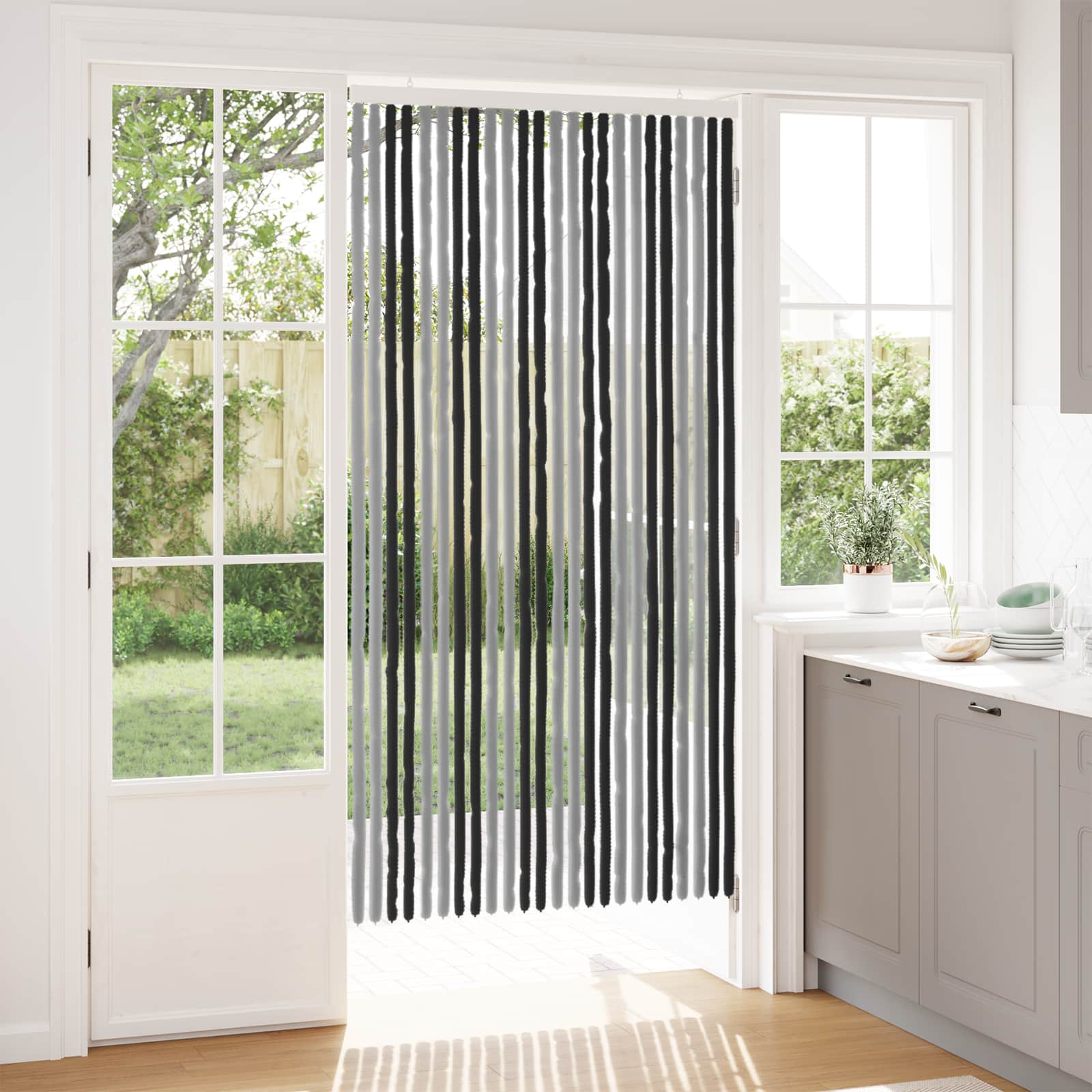 42034425_1.jpg vidaXL Záves proti hmyzu z chenille Šedá a čierna 100 x 200 cm 100% PP – Obrázok 1