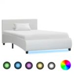vidaXL Posteľný rám s LED, biely, umelá koža 100x200 cm