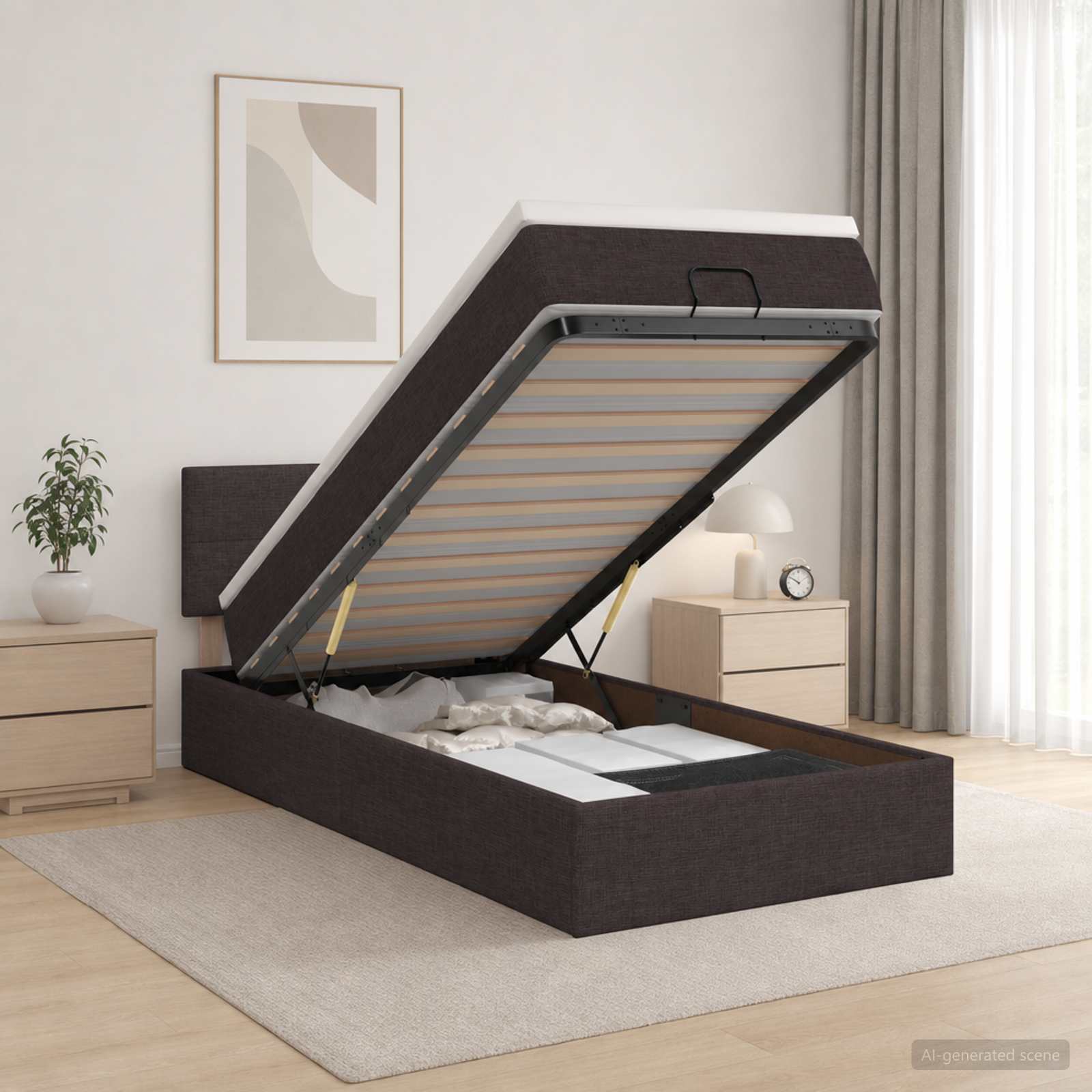 3456887_1.jpg vidaXL Ottoman posteľ s matracom a LED Tmavohnedá 100 x 200 cm Látka – Obrázok 1