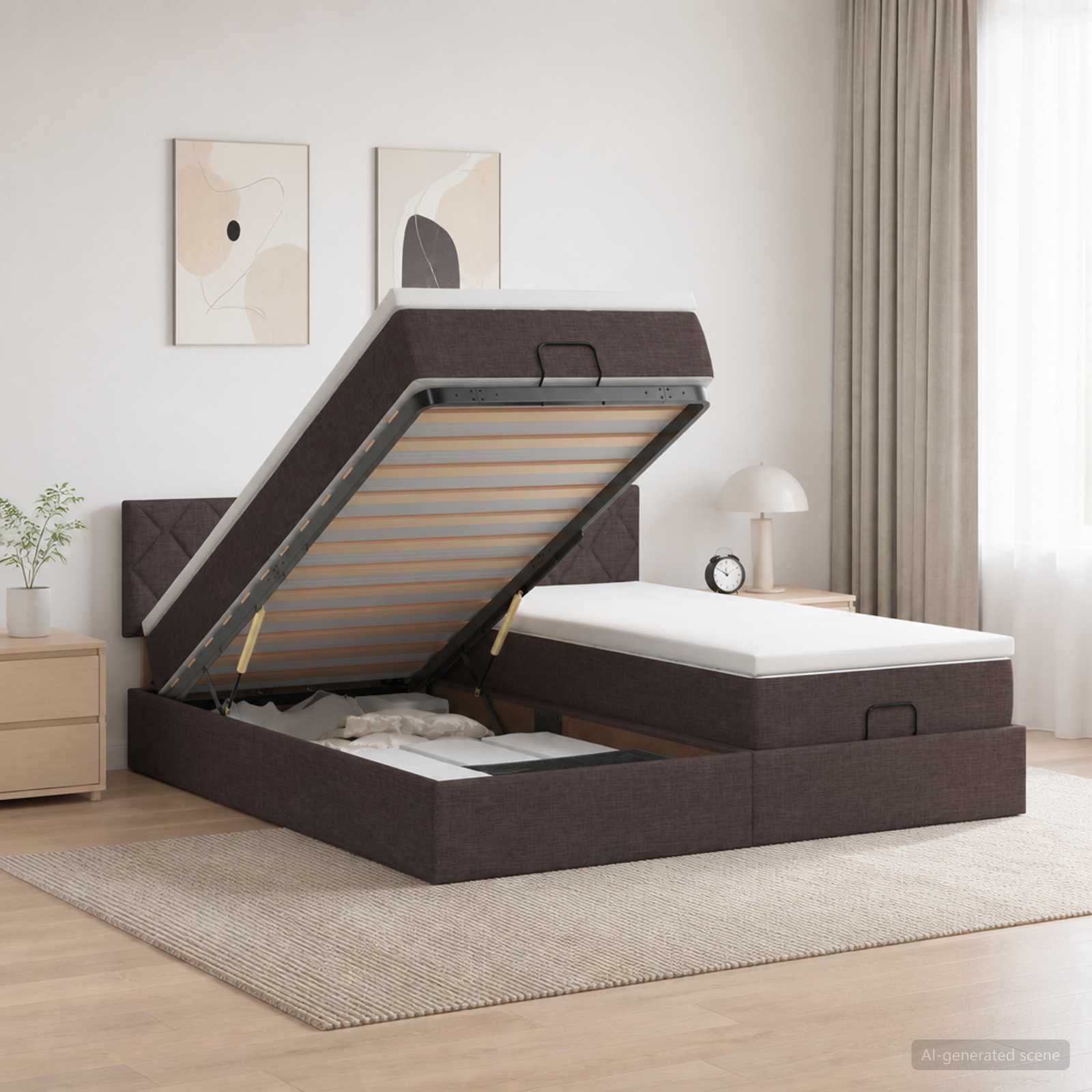 3457304_1.jpg vidaXL Ottoman posteľ s matracom a LED Tmavohnedá 200 x 200 cm Látka – Obrázok 1