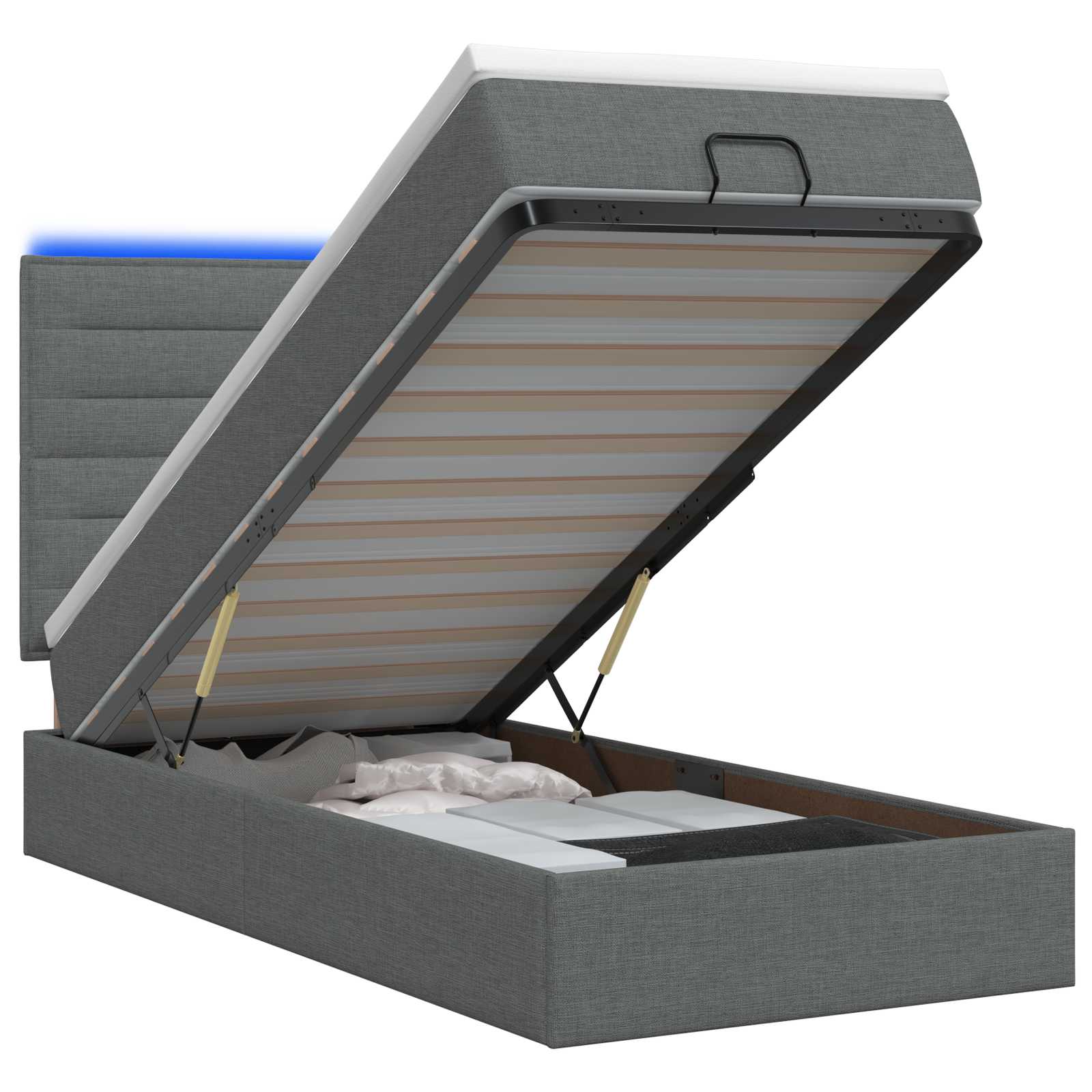 3457966_1.jpg vidaXL Ottoman posteľ s matracom a LED Tmavosivá 100 x 200 cm Látka – Obrázok 1