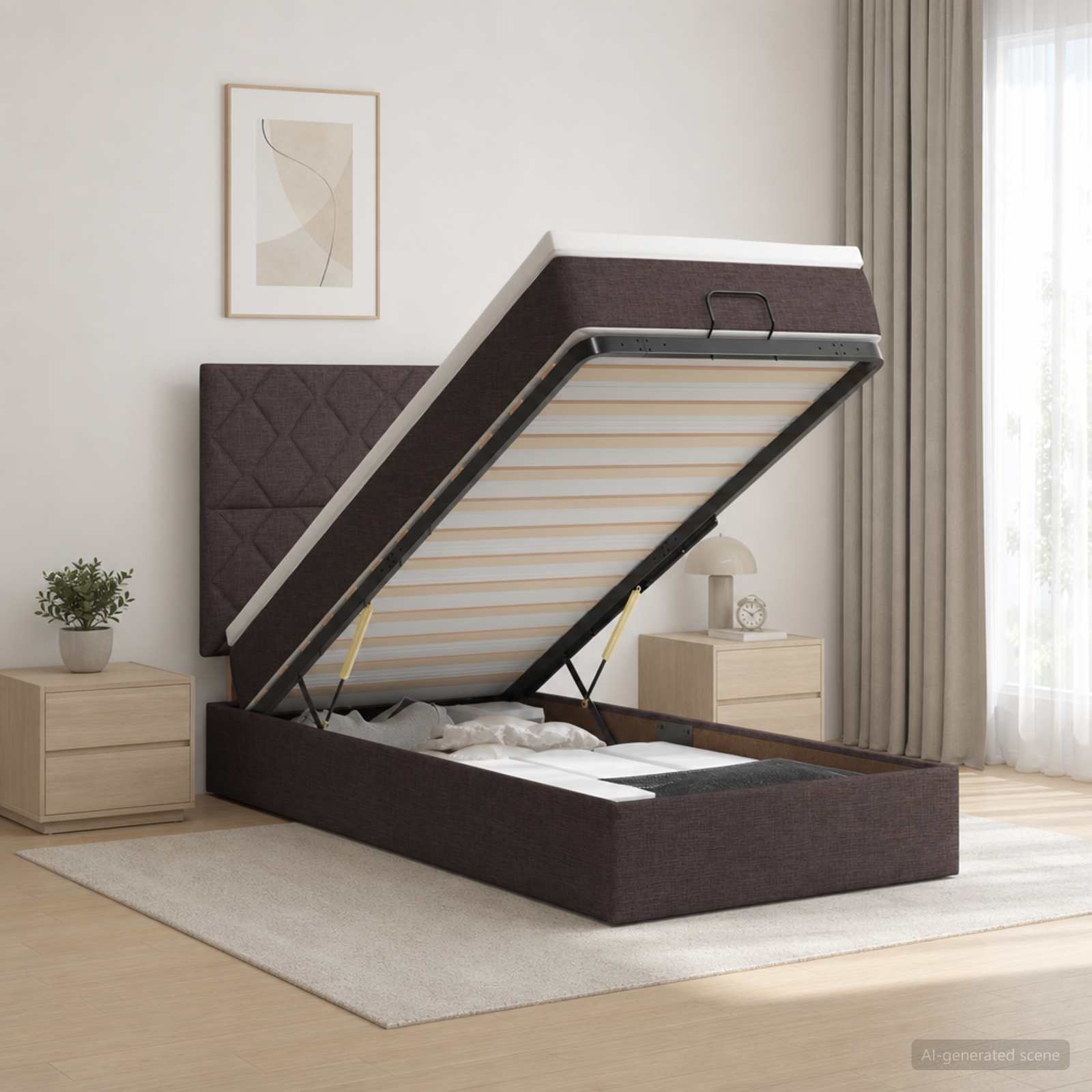 3458134_1.jpg vidaXL Ottoman posteľ s matracom a LED Tmavohnedá 100 x 200 cm Látka – Obrázok 1