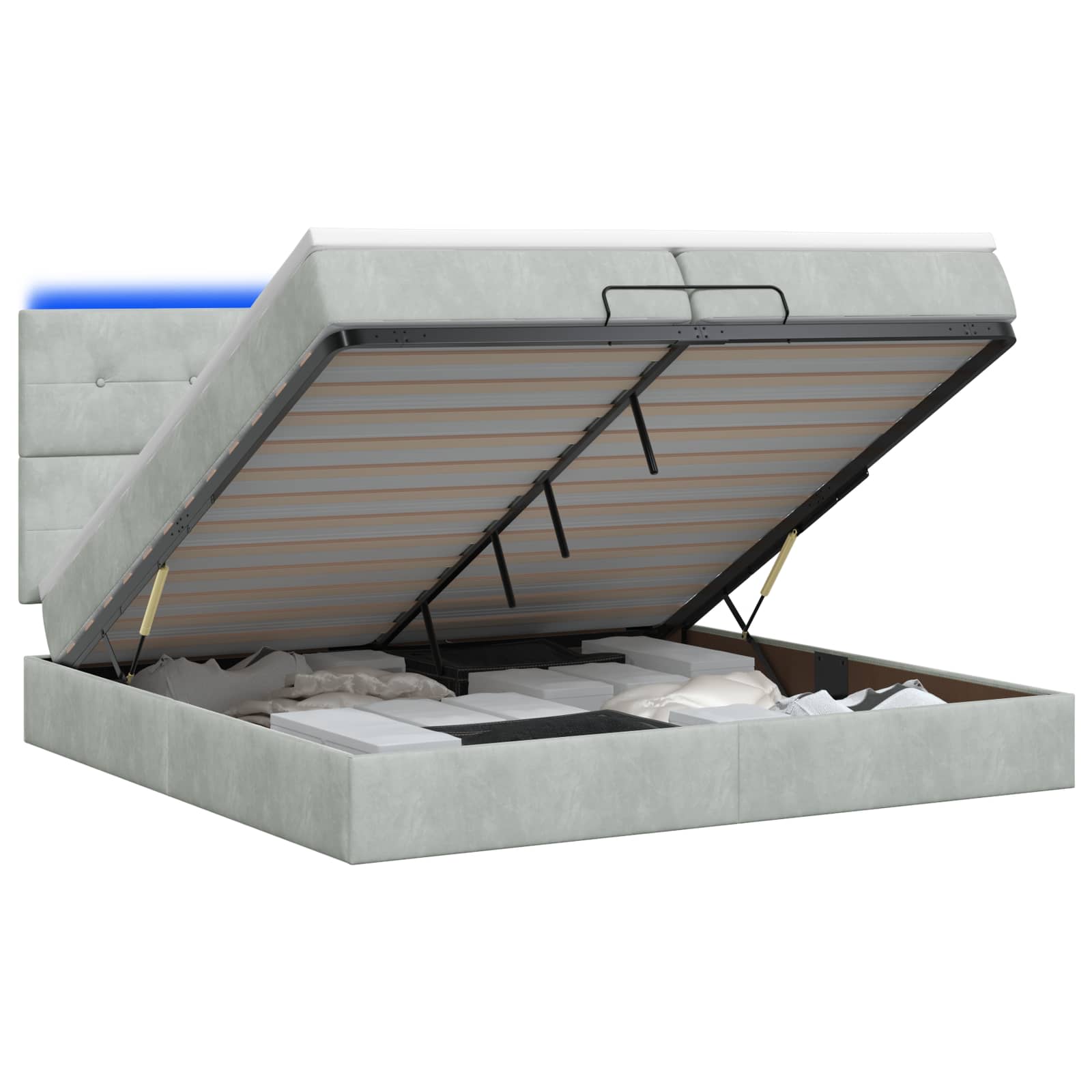 3458325_1.jpg vidaXL Ottoman posteľ s matracom a LED Svetlosivá 200 x 200 cm Zamat – Obrázok 1