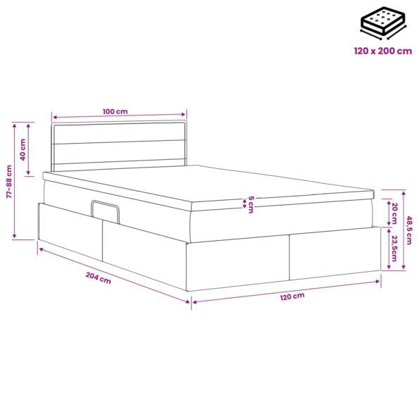 vidaXL LED úložná posteľ s matracom Čierna 120 x 200 cm Látka – Obrázok 12