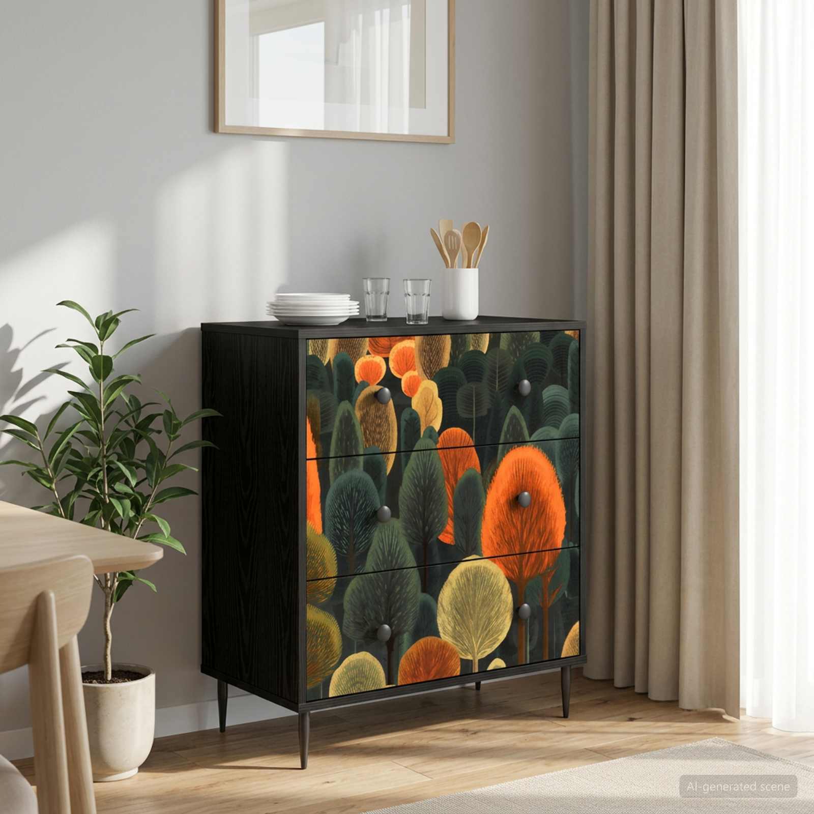8007380_1.jpg vidaXL Příborník ZAANDAM Tlač lesa 66 x 36,5 x 76 cm Kompozitné drevo – Obrázok 1