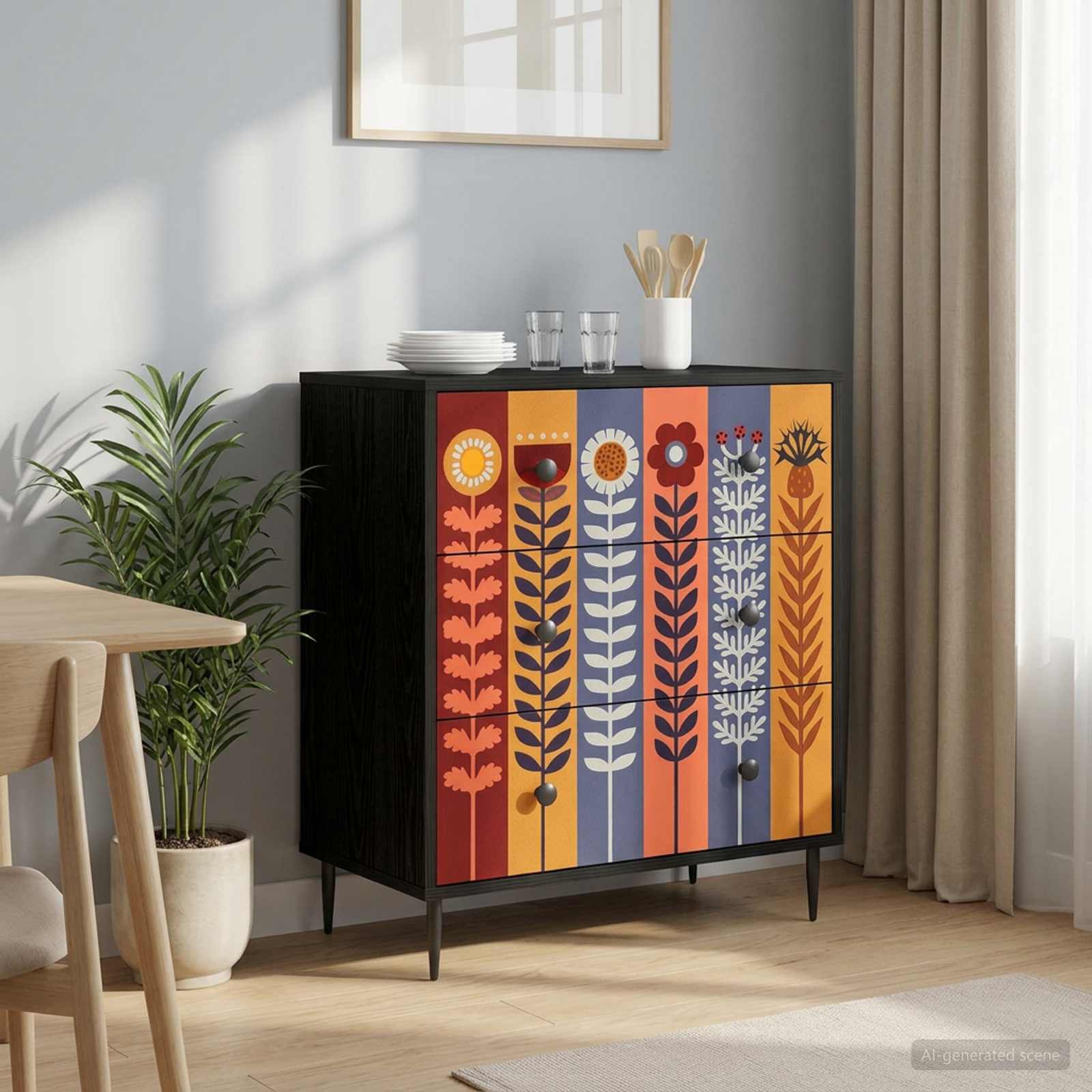8007382_1.jpg vidaXL Příborník ESSEN Potlač slnečníc 66 x 36,5 x 76 cm Čierny dub – Obrázok 1