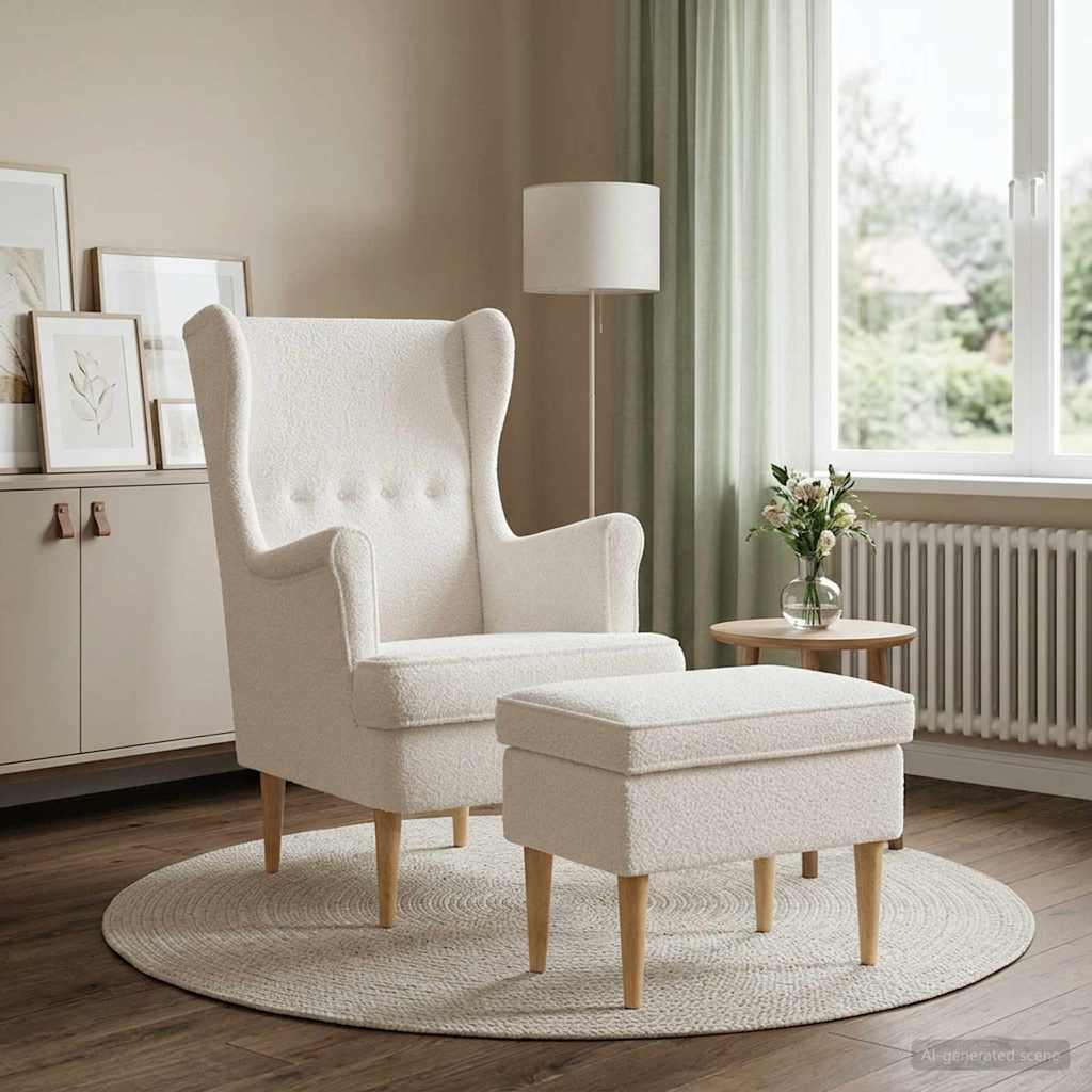 3418834_1.jpg vidaXL Kreslo s taburetom 2 ks Krémová Bouclé – Obrázok 1