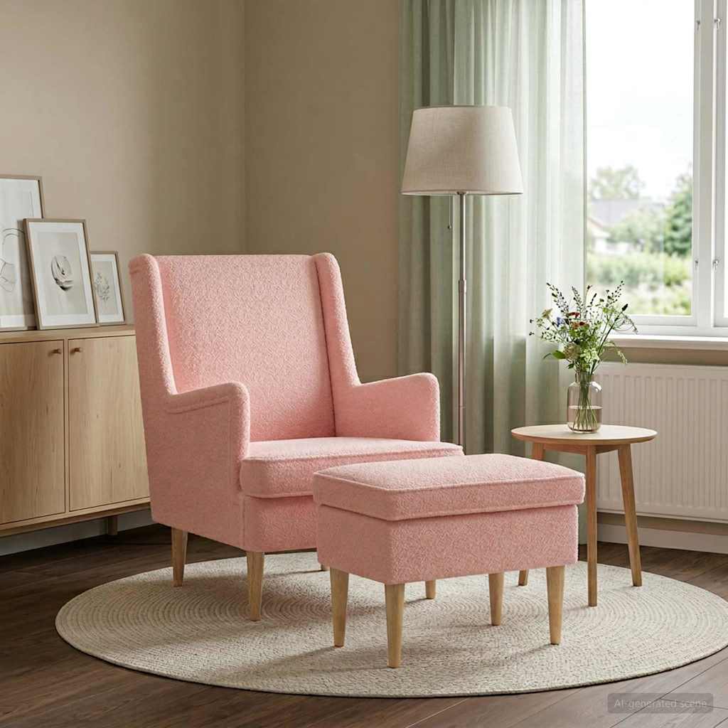 3418839_1.jpg vidaXL Kreslo s taburetom 2 ks Ružová Bouclé – Obrázok 1