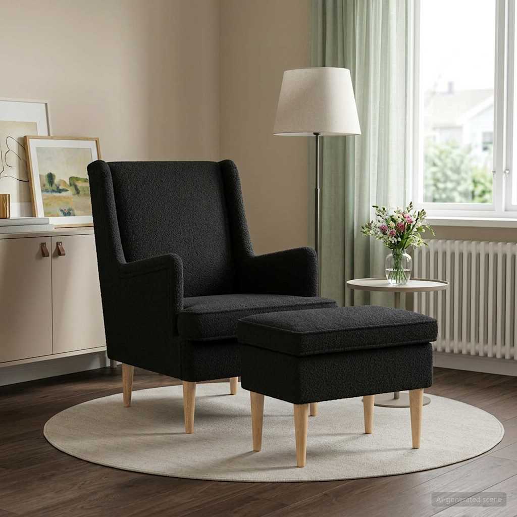 3418841_1.jpg vidaXL Kreslo s taburetom 2 ks Čierna Bouclé – Obrázok 1