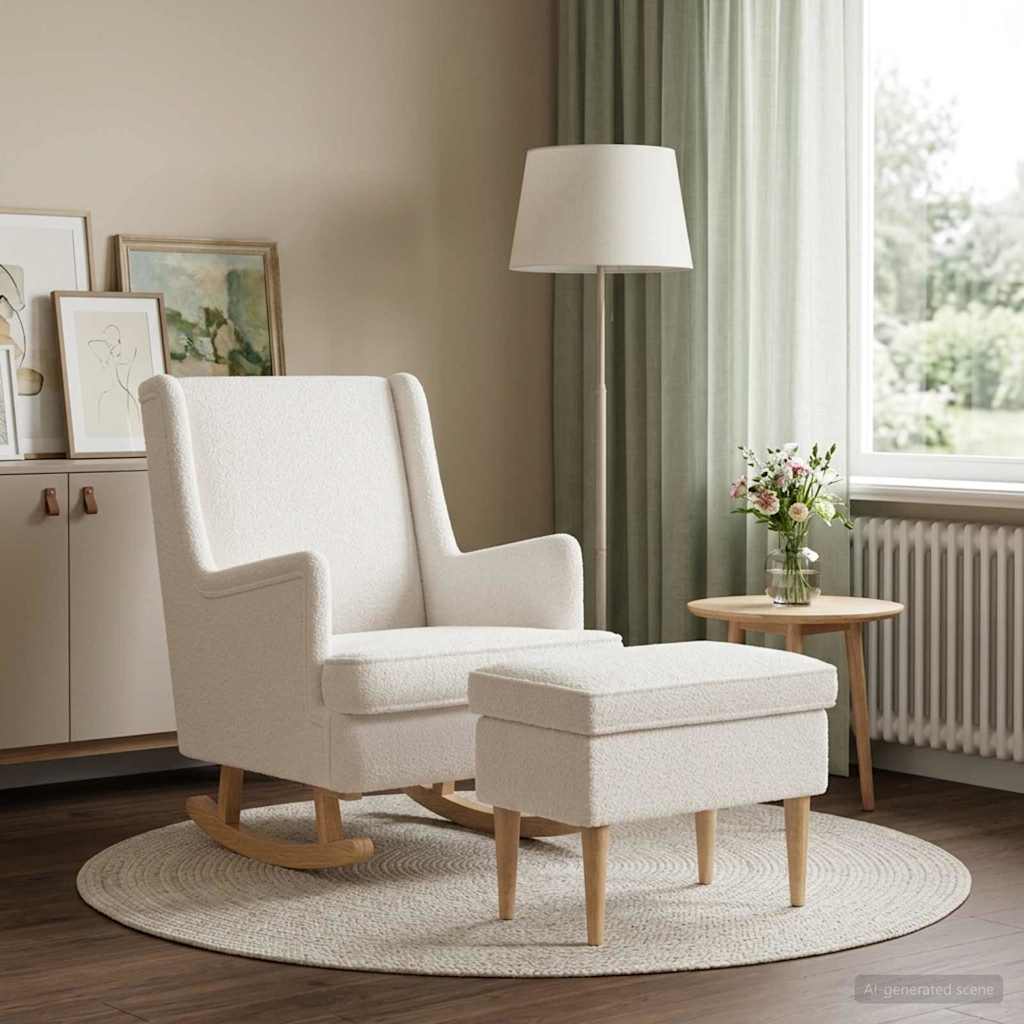 3418855_1.jpg vidaXL Kreslo s taburetom 2 ks Krémová Bouclé – Obrázok 1