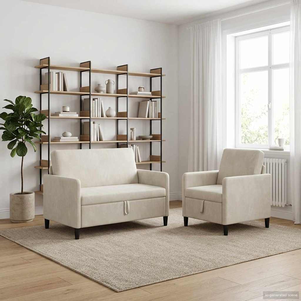 3429170_1.jpg vidaXL Súprava pohovky s úložným priestorom 2 ks Krémová Polyester – Obrázok 1