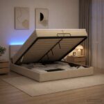 vidaXL Ottoman posteľ s matracom a LED Krémová 200 x 200 cm Látka – Obrázok 4
