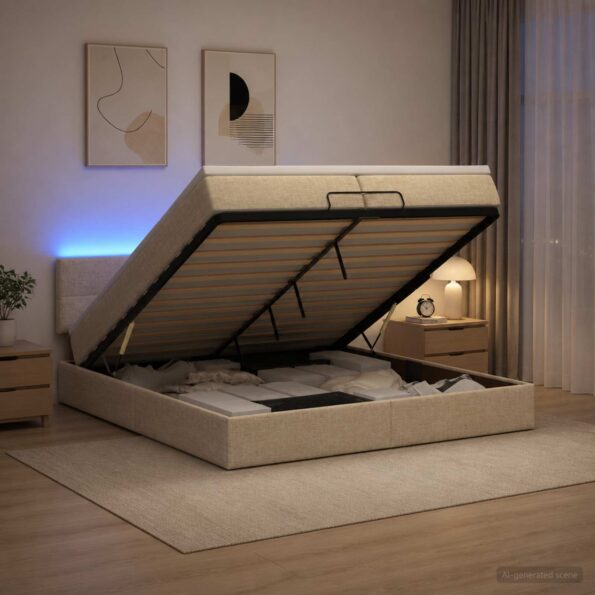 vidaXL Ottoman posteľ s matracom a LED Krémová 200 x 200 cm Látka – Obrázok 4