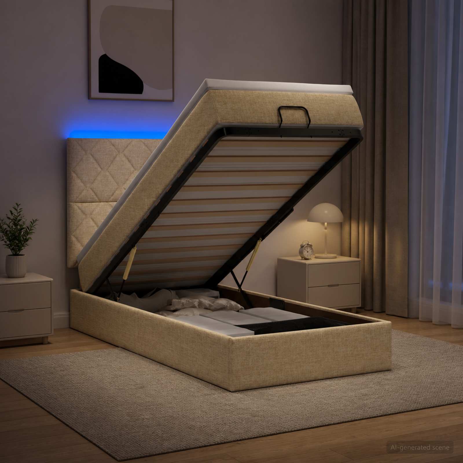 3458136_1.jpg vidaXL Ottoman posteľ s matracom a LED Krémová 100 x 200 cm Látka – Obrázok 1