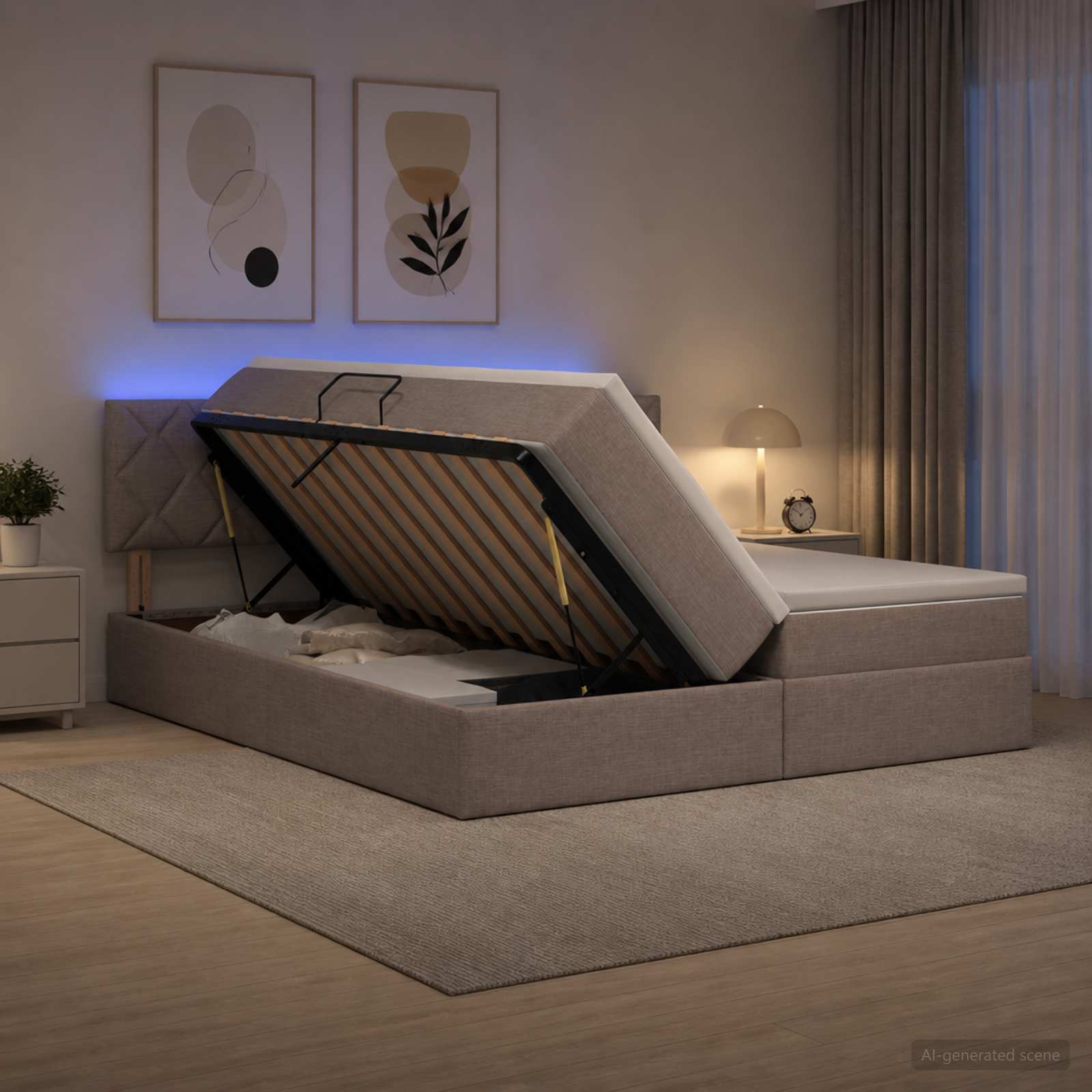 3459369_1.jpg vidaXL LED úložná posteľ s matracom Sivohnedá 200 x 200 cm Látka – Obrázok 1