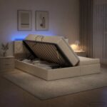 vidaXL LED úložná posteľ s matracom Krémová 200 x 200 cm Látka