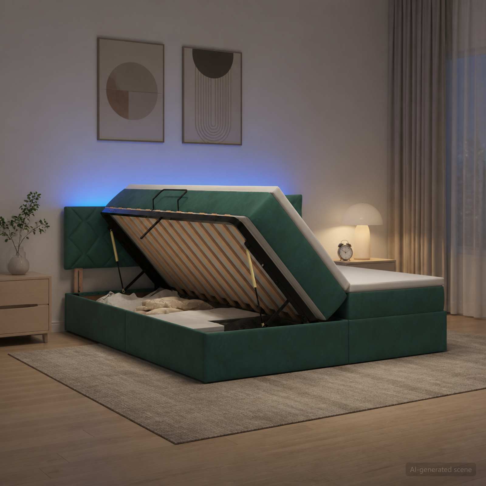 3459405_1.jpg vidaXL LED úložná posteľ s matracom Tmavozelená 200 x 200 cm Zamat – Obrázok 1