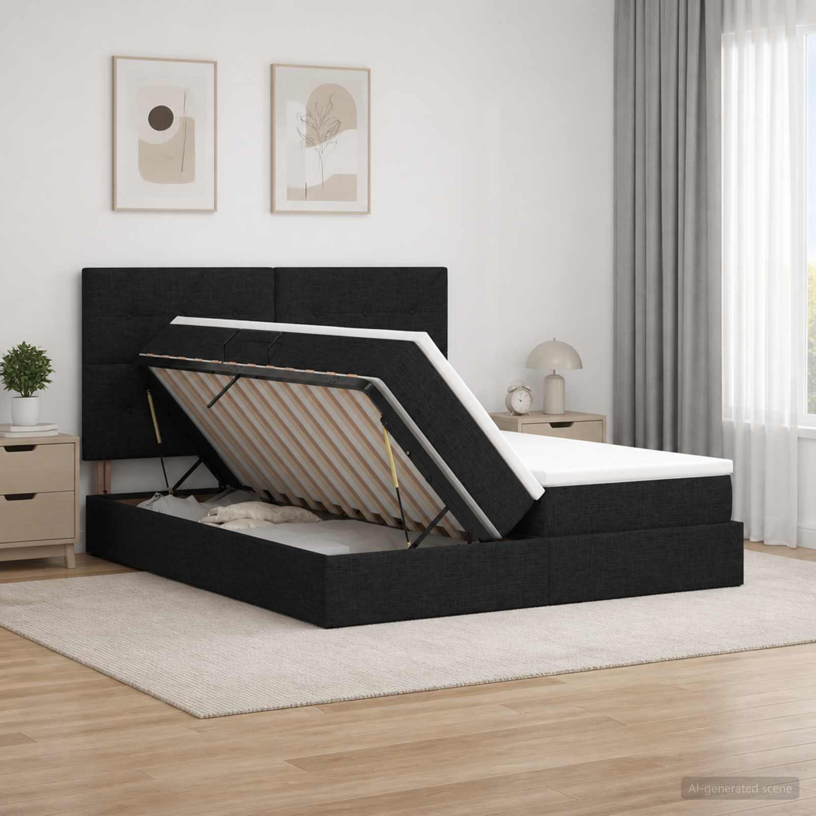 3459797_1.jpg vidaXL Úložná posteľ s čelnou doskou Čierna 200 x 200 cm Látka – Obrázok 1