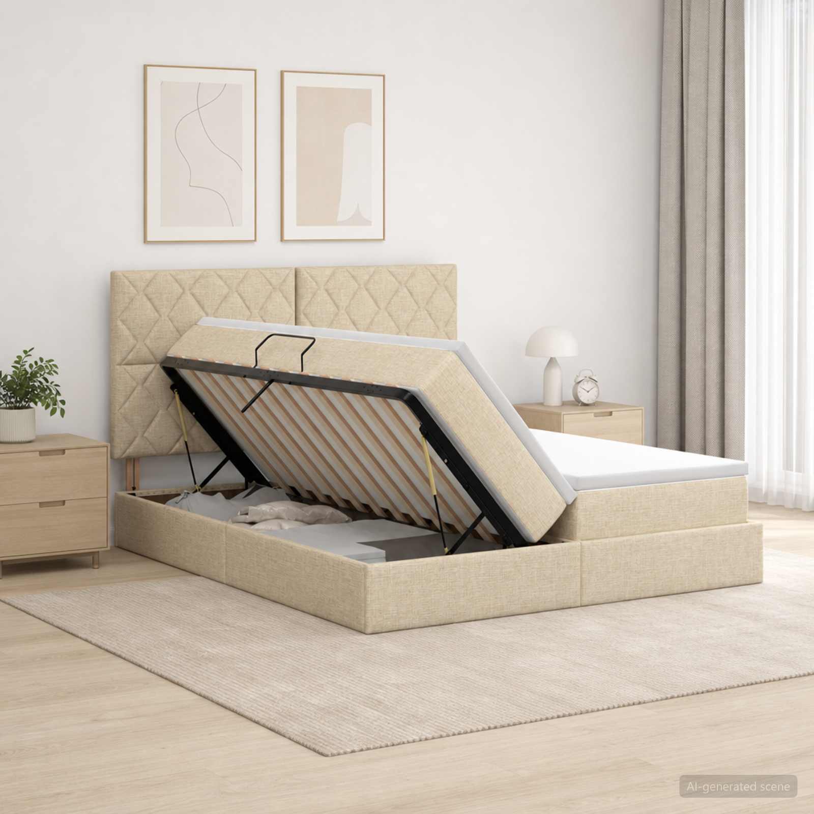 3459805_1.jpg vidaXL Úložná posteľ s čelnou doskou Krémová 180 x 200 cm Látka – Obrázok 1
