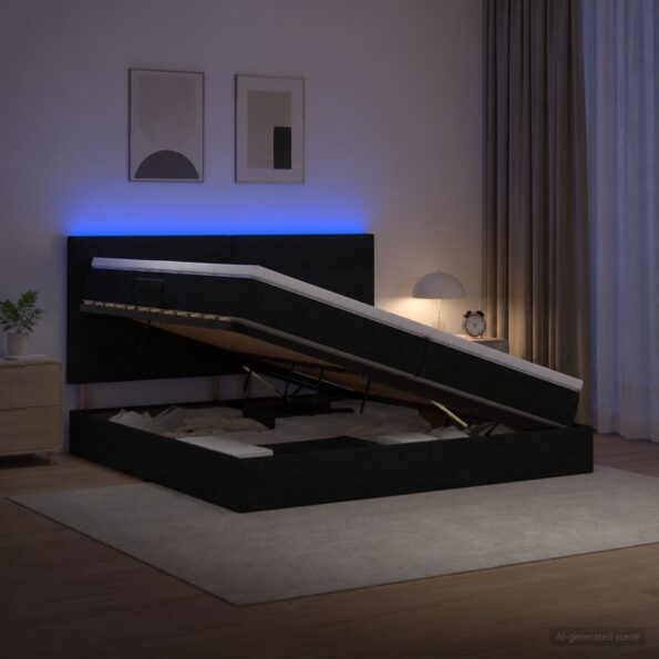 vidaXL LED úložná posteľ s matracom Čierna 200 x 200 cm Látka – Obrázok 4