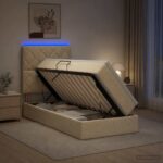 vidaXL LED úložná posteľ s matracom Krémová 100 x 200 cm Látka – Obrázok 4