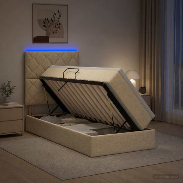 vidaXL LED úložná posteľ s matracom Krémová 100 x 200 cm Látka – Obrázok 4