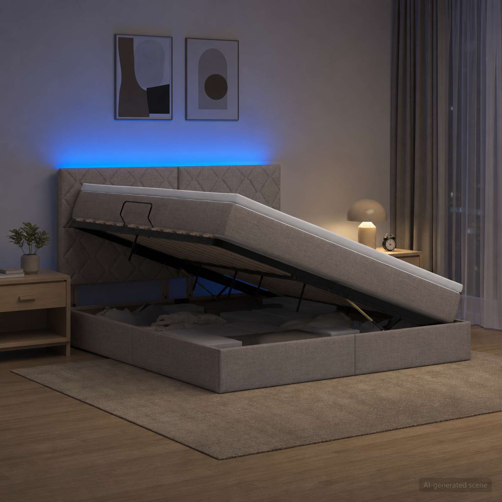 3460014_1.jpg vidaXL LED úložná posteľ s matracom Sivohnedá 140 x 200 cm Látka – Obrázok 1