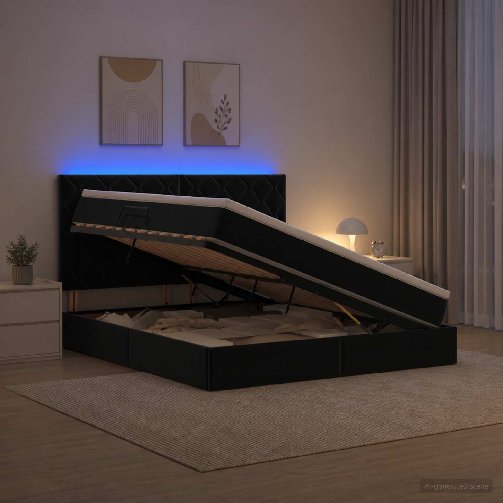 3460202_1.jpg vidaXL LED úložná posteľ s matracom Čierna 160 x 200 cm Zamat – Obrázok 1