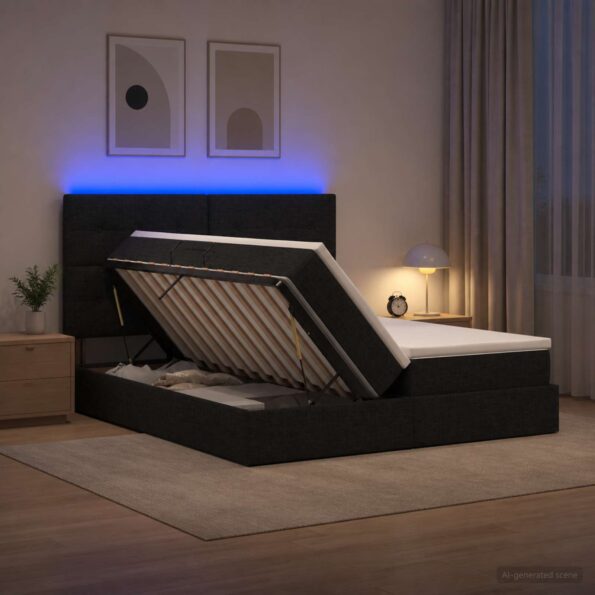 vidaXL LED úložná posteľ s matracom Čierna 200 x 200 cm Látka – Obrázok 4