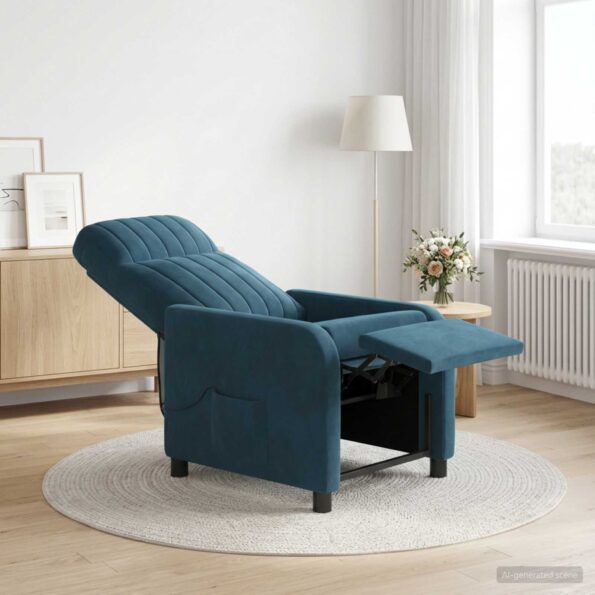 vidaXL Masážne relaxačné kreslo Modrá Zamat – Obrázok 11